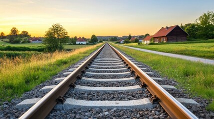 Obraz premium Serene Railway Tracks Through a Quiet Rural Landscape