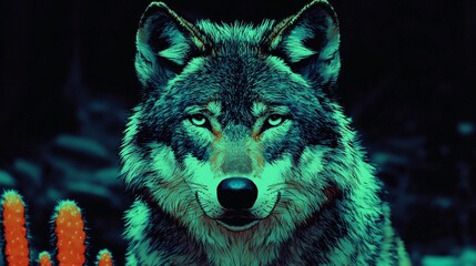 Wolf Portrait with Green and Orange Color Palette Wildlife Animal Nature Background