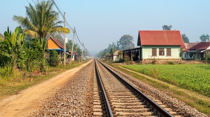 Obraz premium Tranquil Railway Tracks Through Rural Landscape