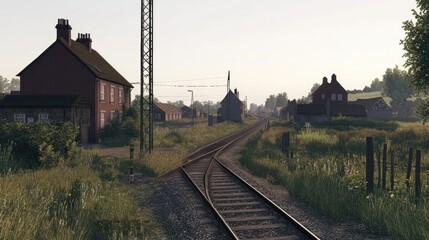 Tranquil Railway Tracks in a Rural Village Scene