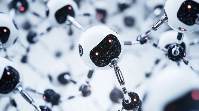 An extreme close-up of a robotic swarm coordination algorithm visualization, showing distributed intelligence for collaborative tasks, Robotics technology style