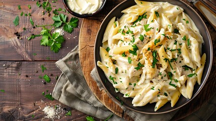 Chicken alfredo penne with parsley on cloth is seen above