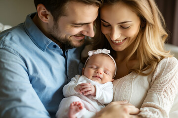 Obraz premium A man and woman are smiling and holding a baby with a bow in her hair
