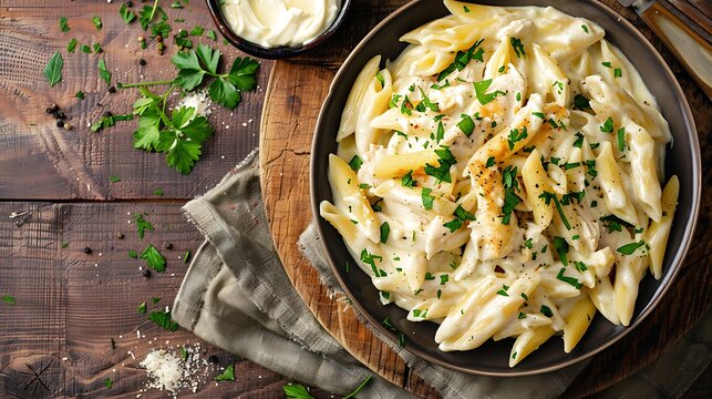 Chicken alfredo penne with parsley on cloth is seen above