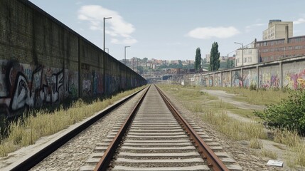 Obraz premium Urban Railway Tracks Surrounded by Graffiti Walls