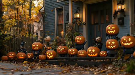 Obraz premium Jack-O'-Lanterns on a Porch with Fall Foliage - Realistic Image