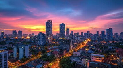 Obraz premium Vibrant Urban Skyline View from Rooftop Terrace at Sunset
