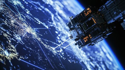 An extreme close-up of a satellite-based laser communication terminal, showcasing high-speed data transmission capabilities in space, Space technology style