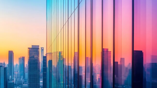 Abstract view of glass skyscrapers with vibrant gradient lighting, modern corporate architecture symbolizing growth and innovation