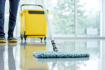 Janitor mopping a glossy floor with precision yellow cleaning cart in the background focus on the mop and reflection in the shiny surface shallow depth of field shot