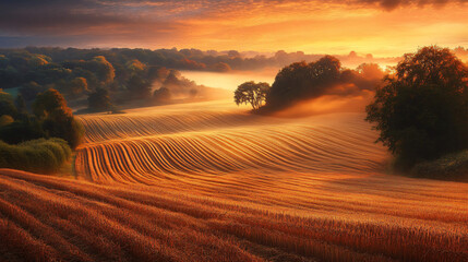 Obraz premium A captivating sunrise illuminating the harvest fields, creating a beautiful contrast with the morning fog.