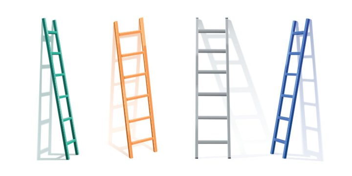 Ladder mockups set isolated on white background. Vector realistic illustration of color wooden, metal or plastic stepladder leaning on wall with shadow, construction work equipment, success concept