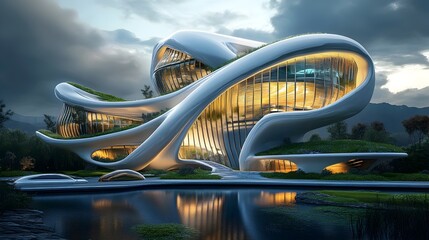 Obraz premium Biologically Adaptive Futuristic Office Structures Responding to Changing Business Needs