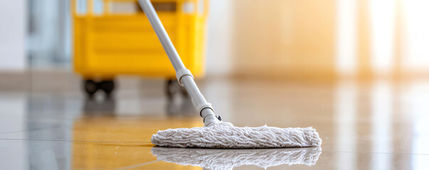 Floor cleaner methodically mopping a glossy surface with a yellow cart blurred in the background focus on mop and reflection, wide-angle low shot.