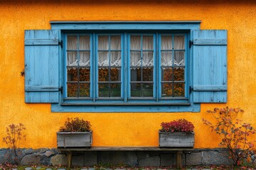 Naklejka premium Blue Window with Shutters on a Yellow Wall