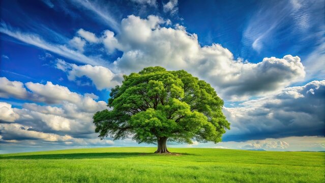 Landscape of a big tree on a green field with a blue sky and clouds