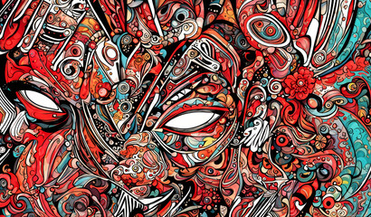 Sehr abstrakt gezeichnetes Gesicht in haupts&auml;chlich roten Farben, k&uuml;nstlich generiertes Kunstbild