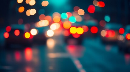 Fototapeta premium Vibrant Traffic Lights Bokeh in Blurred Night City Scene with Clear Center Space