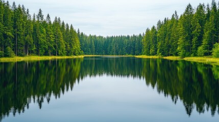 Obraz premium A serene lake surrounded by lush green trees, reflecting the calm waters under a clear sky, creating a tranquil natural landscape.