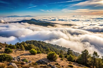 Landscape of low clouds covering the ground from a high mountain in the Sierra de Madrid