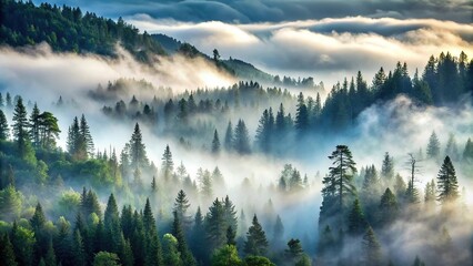 Foggy forest and misty mountains