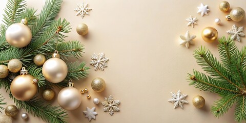 Elegant Christmas decoration with gold and white ornaments pine branches and snowflakes on a beige background Minimalist