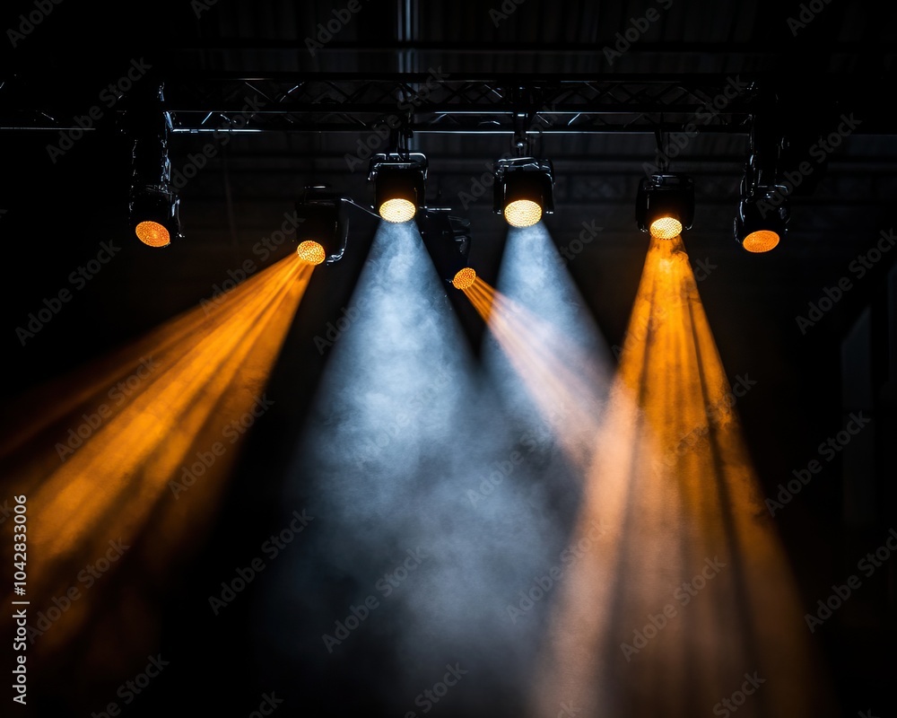 Poster dramatic stage lights creating a visual spectacle with beams of colored light against a dark backgro