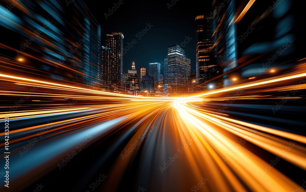 Poster dynamic cityscape at night with blurred lights creating a sense of speed and movement.