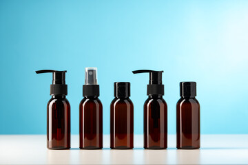 Collection of amber glass bottles with pumps and spray tops on a light blue background