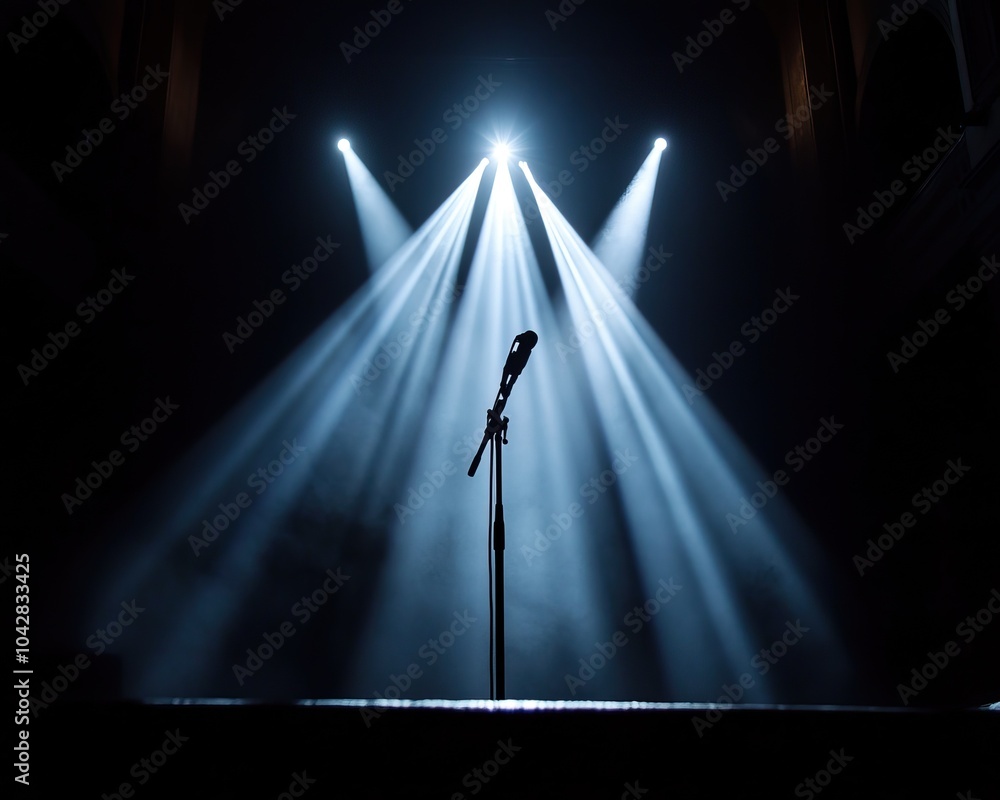 Poster microphone on stage illuminated by dramatic lights, creating a captivating performance atmosphere.