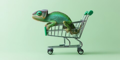 Colorful Chameleon on Shopping Cart Handle Against Light Green Background