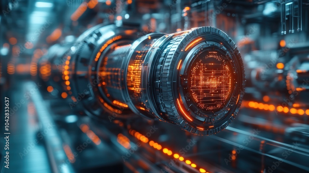 Poster futuristic machinery with glowing elements in a high-tech setting.
