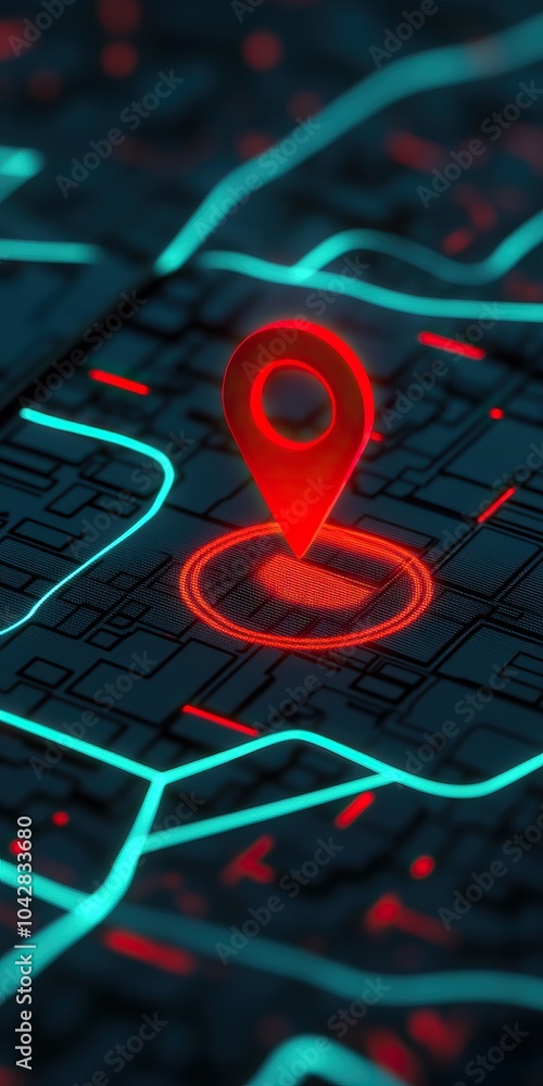 Poster red location pin on a futuristic map with digital lines and neon colors.