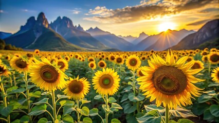 Landscape of sunflowers in field illuminated by sunlight, mountains in background