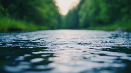 Fototapeta premium A tranquil river glistens under soft lighting, with ripples reflecting lush greenery on the banks, creating a serene natural scene.