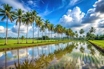 Obraz premium Forced perspective area with tall palm trees perfect for planting seedlings of lush rice