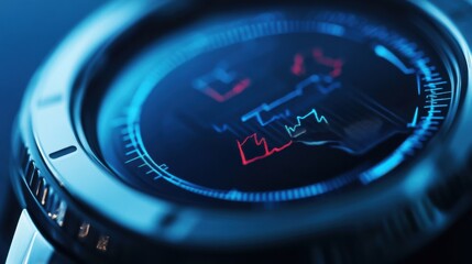 An extreme close-up of a wearable health monitor's biosensor array measuring vital signs and biometric data, Wearable technology style, photo of