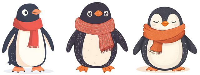 Three Cute Penguins Wearing Scarves. Collection Set Illustration.on transparent, white background, isolate PNG