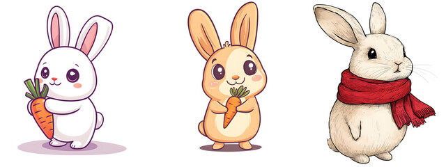Cute Cartoon Bunnies with Carrots. Collection Set Illustration.on transparent, white background, isolate PNG