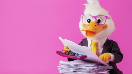 Cheerful Cartoon Duck Accountant Holding Papers