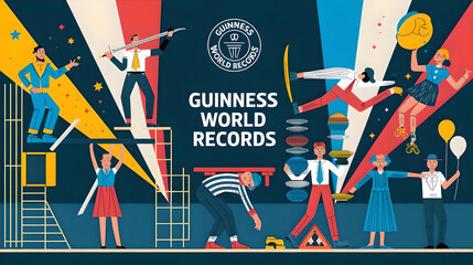 A group of people performing various record-breaking feats, including balancing on ladders, juggling, and holding large objects. The background features the Guinness World Records logo and a colorful,