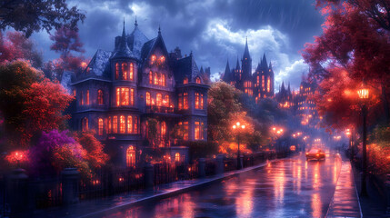 Obraz premium Rainy Night in a Mystical Town - Illustration