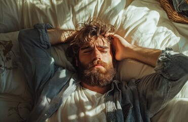Obraz premium Bearded man waking up, covering eyes from light