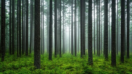 Fototapeta premium A serene forest scene shrouded in mist, featuring tall trees with textured bark and lush green undergrowth, creating a tranquil atmosphere.