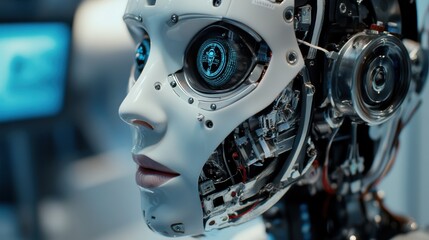 Fototapeta premium An extreme close-up of the adaptive learning algorithms and educational content delivery of a humanoid tutor robot in an educational robotics center, Robotics style, photo of