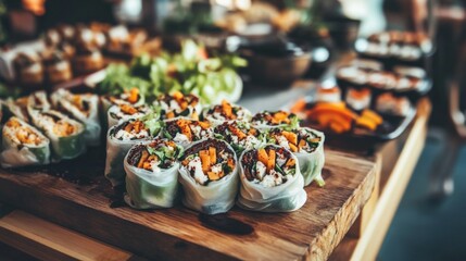 Fresh Vegetable Sushi Rolls on Wooden Platter