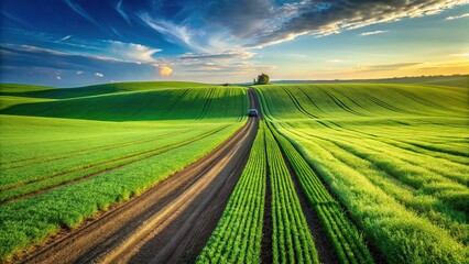 Obraz premium Landscape with green field and textured tracks for farm equipment POV