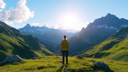 Fototapeta premium A person stands in a lush valley, gazing at majestic mountains under a bright sun, capturing the essence of adventure and nature.
