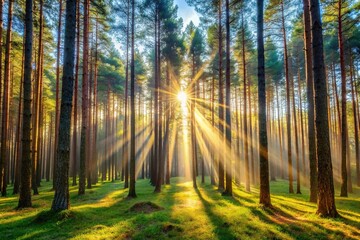 Fototapeta premium Forced perspective image of sunlight streaming through European pine forest