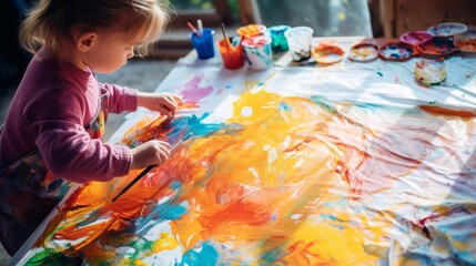 little child painting with brush